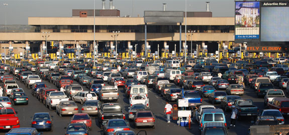 Cars waiting at border